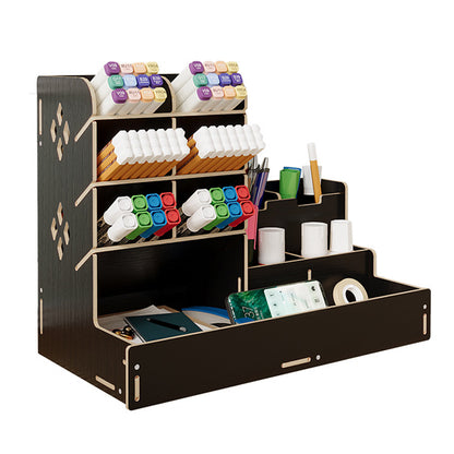 6 Compartment Wooden Desk Organizer with Drawers Art Supplies Storage Desktop Stationary-Black