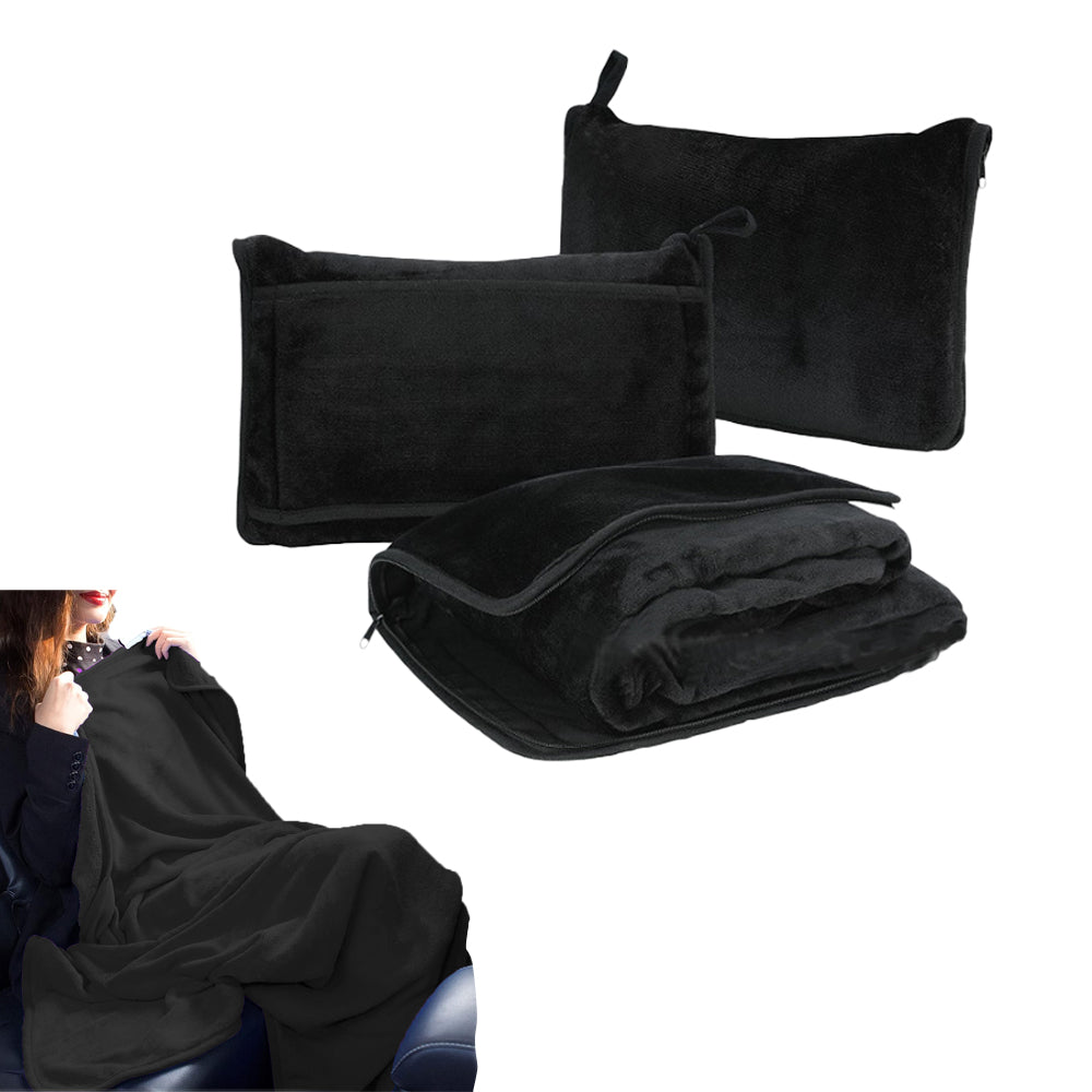 2-in-1 Travel Blanket Pillow PortableThrow Blanket for Camping Picnic Black