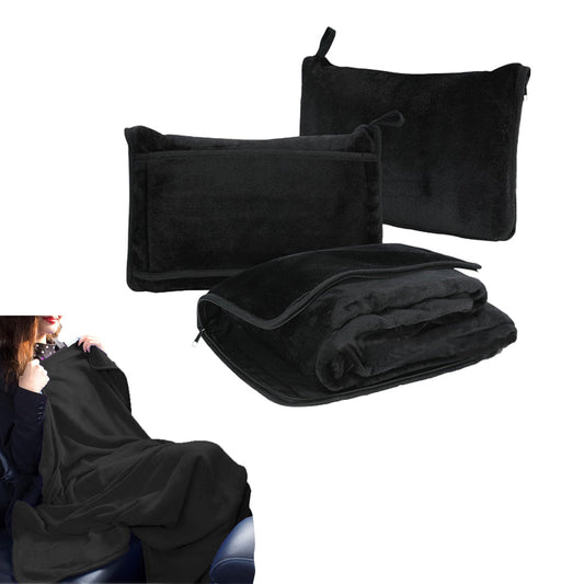 2-in-1 Travel Blanket Pillow PortableThrow Blanket for Camping Picnic Black