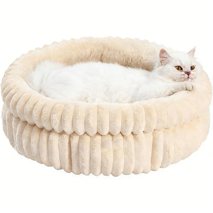 Donut Plush Pet Dog Cat Bed Fluffy Soft Warm Nest for Indoor Cats Small Dogs-Beige