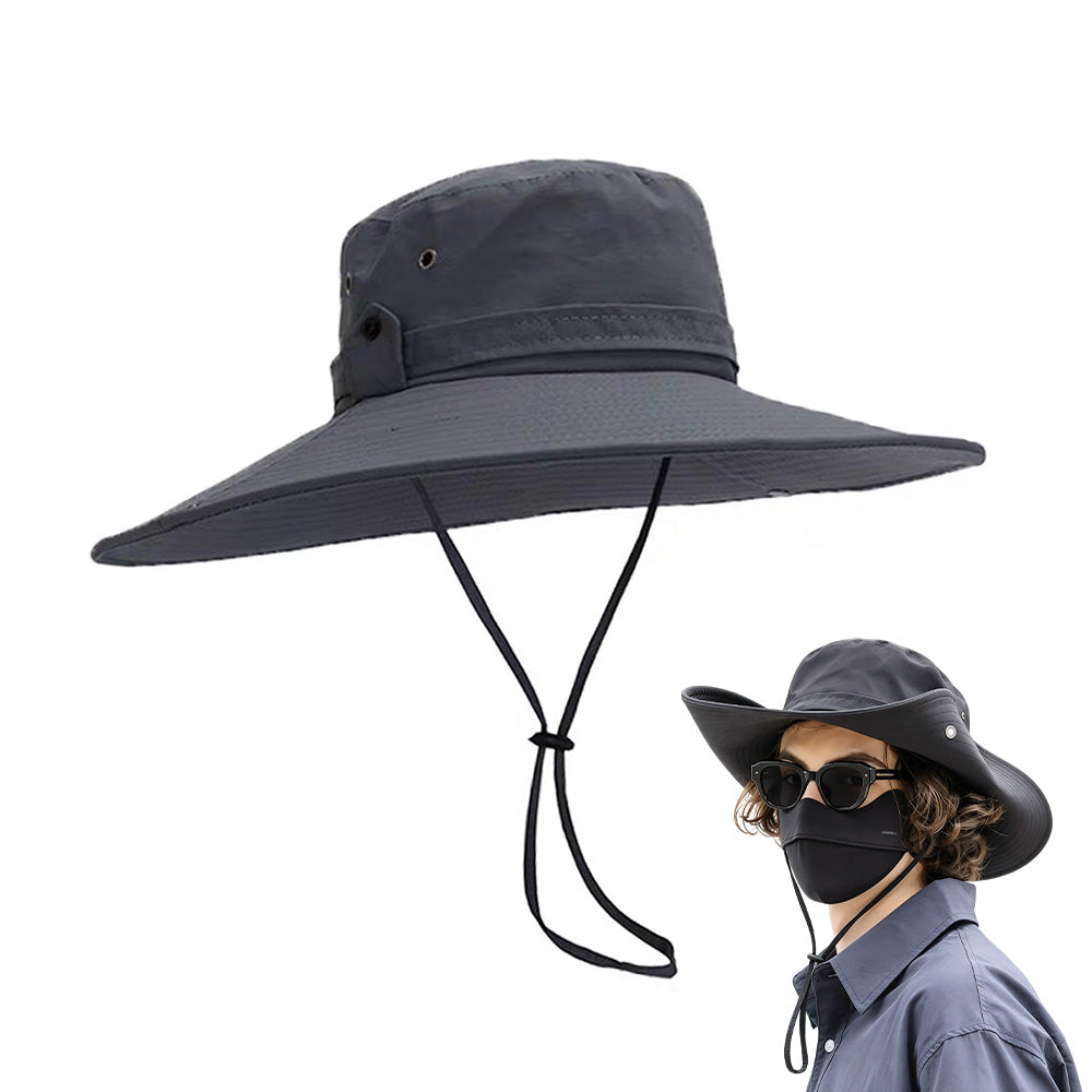 Wide Brim Boonie Hat Outdoor Sun Shade Hat with Chin Strap Gray