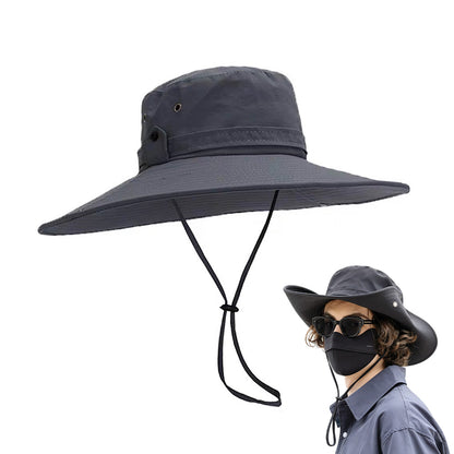 Wide Brim Boonie Hat Outdoor Sun Shade Hat with Chin Strap Gray