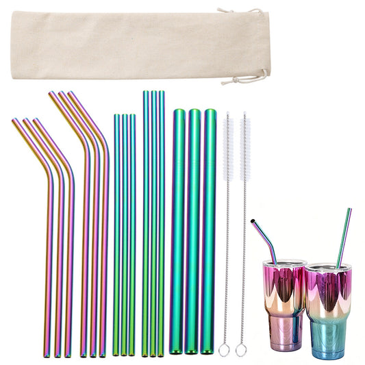 17Pcs Reusable Stainless Steel Straws Set with Cleaning Brushes and Pouch-Mixed