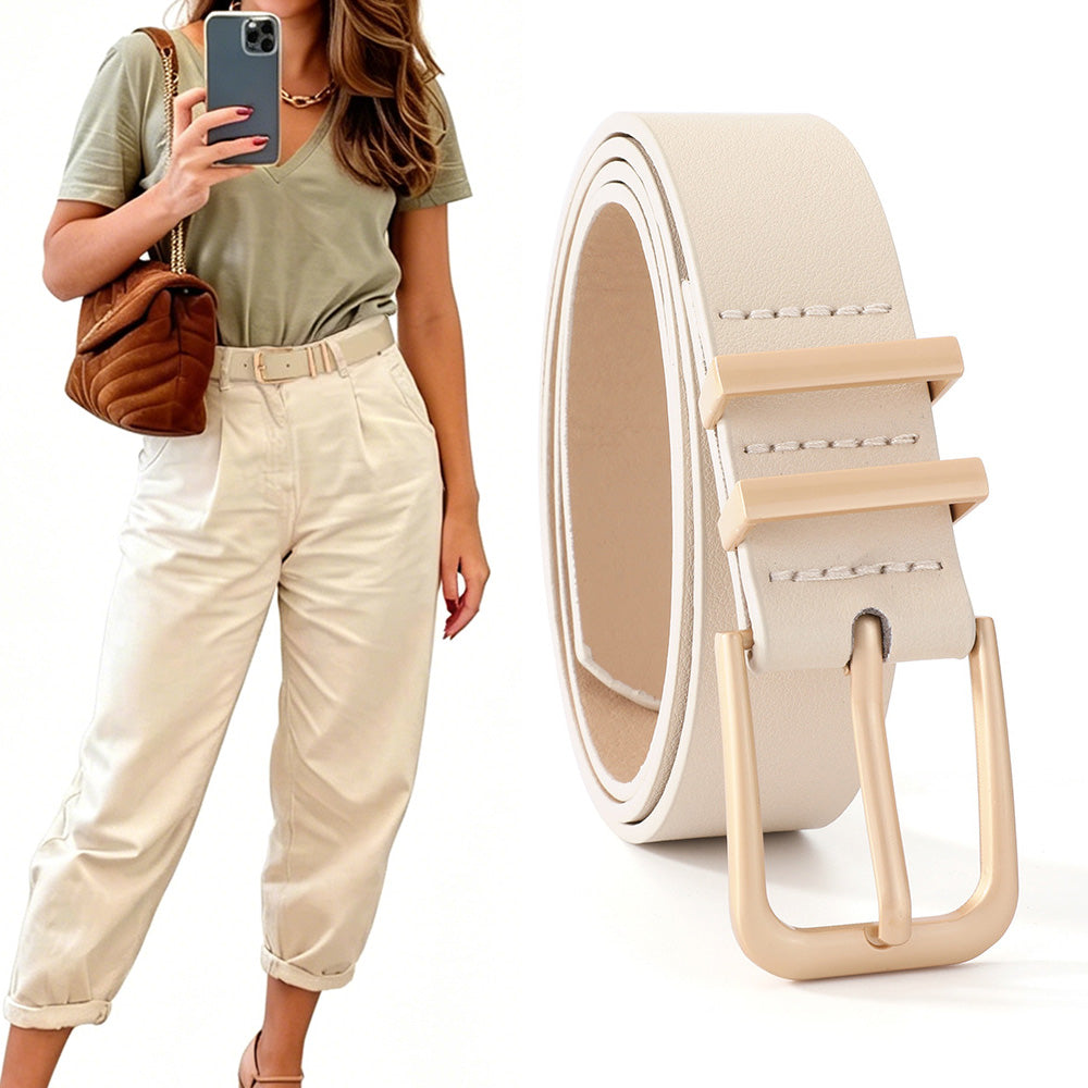 Women PU Leather Waist Belt Gold Pin Buckle Casual Belt for Jeans Dress-Beige