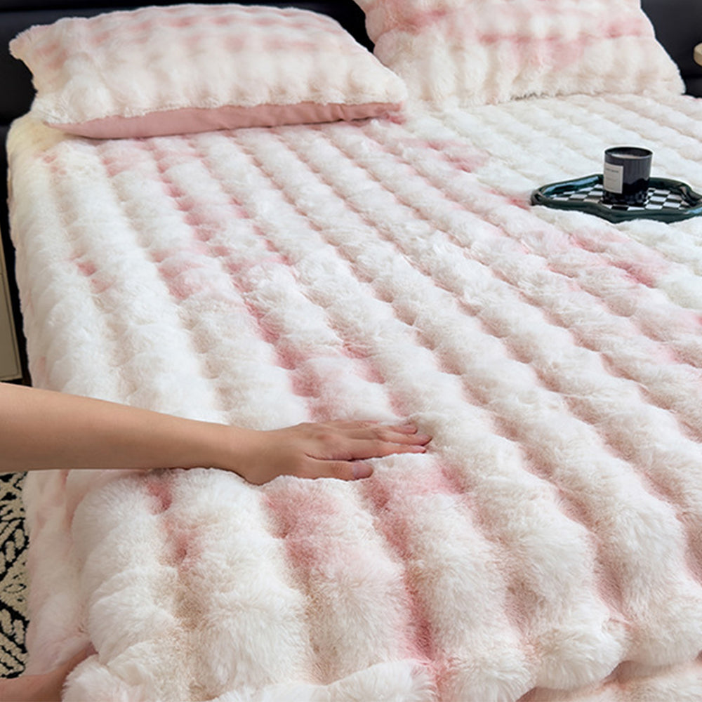 Plush Fitted Sheet with 2 Pillowcases Set Warm Mattress Cover Faux Fur Fitted Sheet Bedding Kit Pink