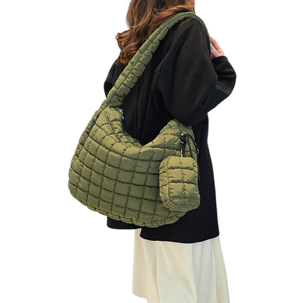 Puffer Tote Bag Quilted Puffy Crossbody Carryall Handbag Army Green