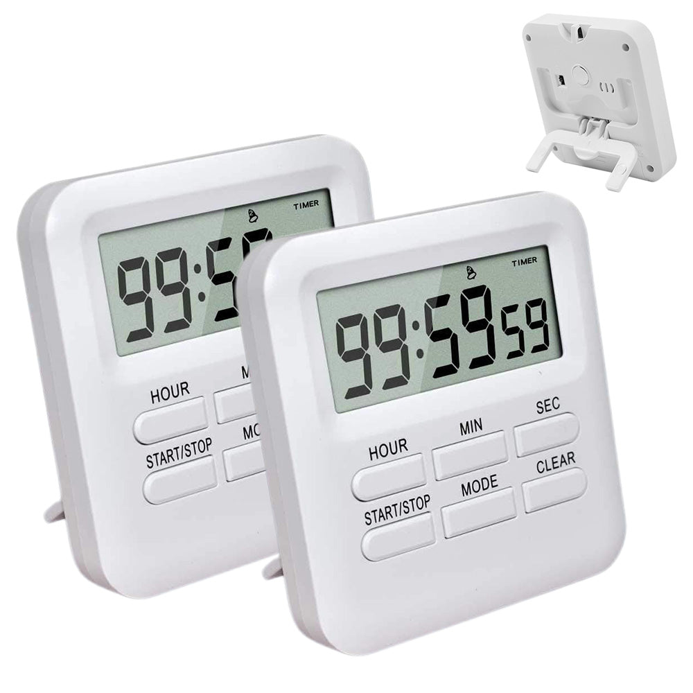 2Pcs Digital Kitchen Timer Easy Attached LCD Countdown Clock with Alarm Stand White