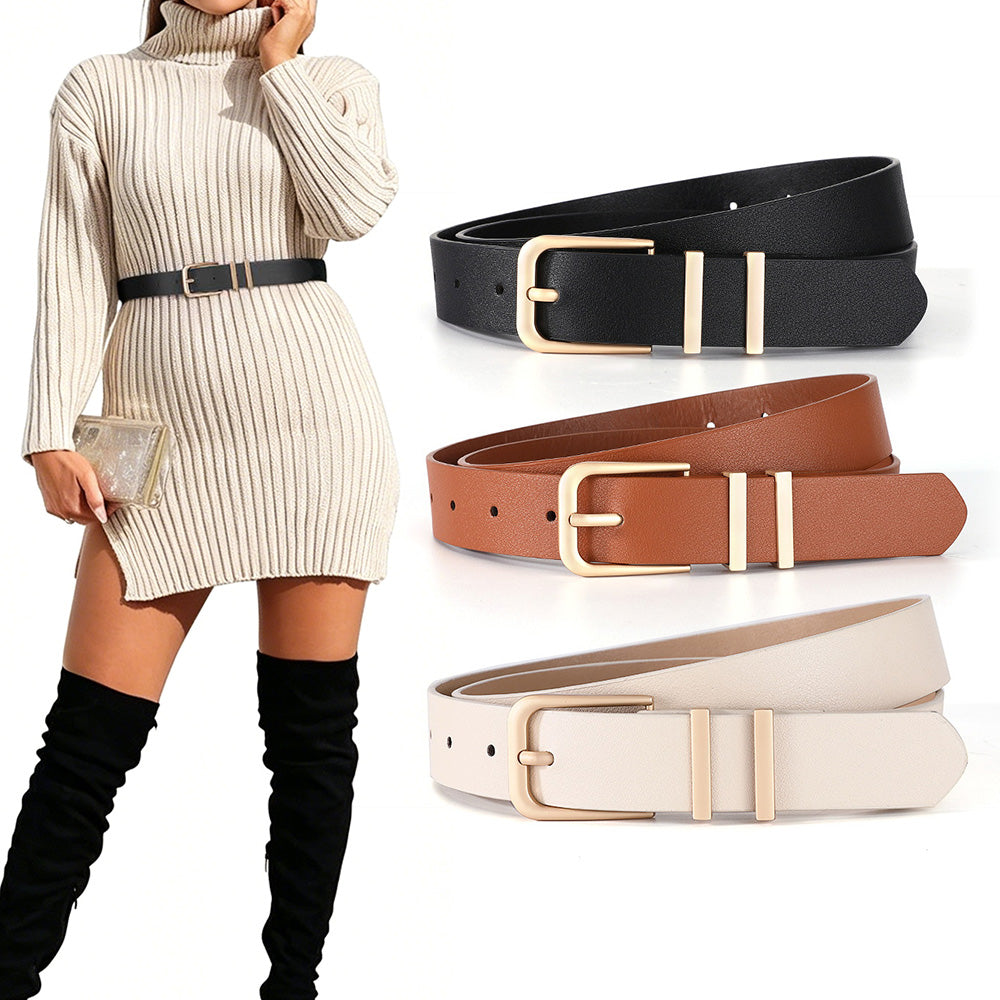 Women PU Leather Waist Belt Gold Pin Buckle Casual Belt for Jeans Dress