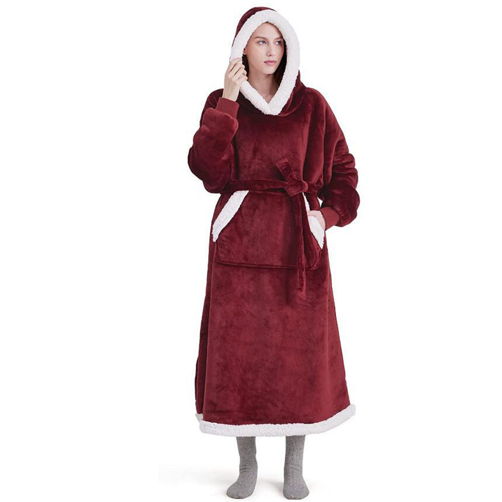 Wearable Hoodie Blanket with Giant Pocket and Waist Belt Long Hooded Blanket Wine Red