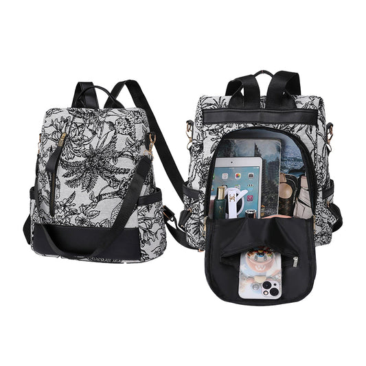 Printed Anti-theft Backpack Multifunctional Large Capacity Travel Bag Black