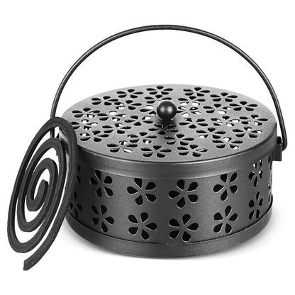 Metal Mosquito Coil Holder with Lid Portable Hanging Incense Burner Box Black