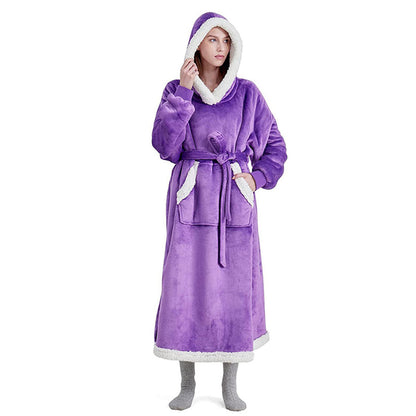 Wearable Hoodie Blanket with Giant Pocket and Waist Belt Long Hooded Blanket Purple