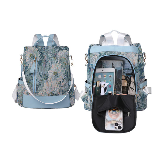 Printed Anti-theft Backpack Multifunctional Large Capacity Travel Bag Blue