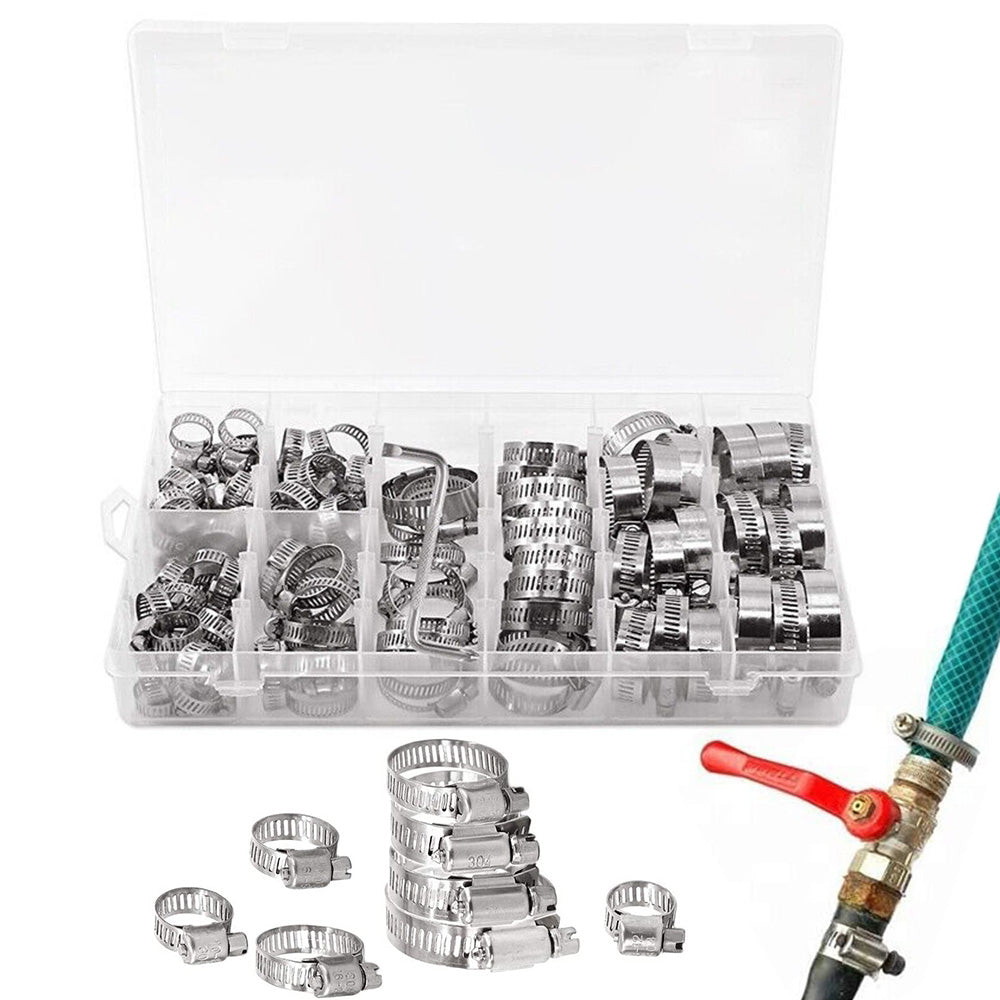 91PCS Stainless Steel Hose Clamps Clips Adjustable Range Worm Gear Pipe Clamp Kit