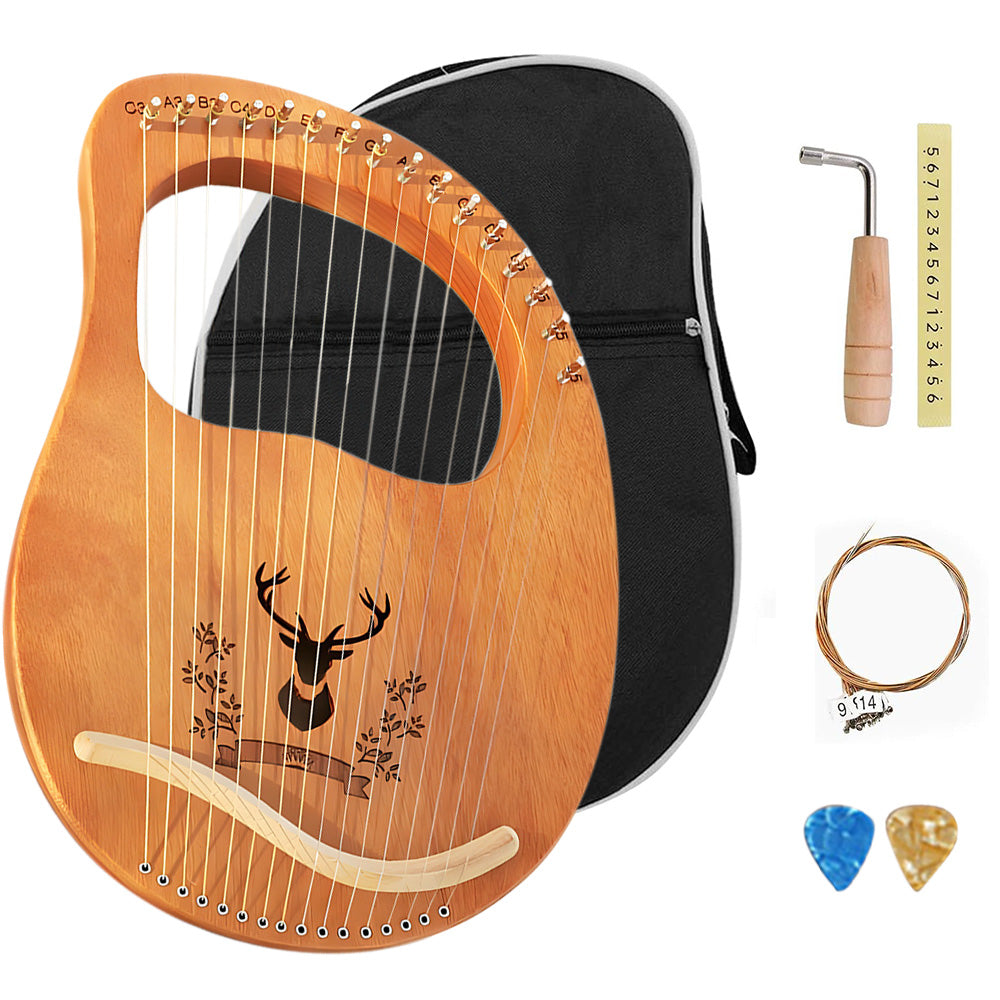 Lyre Harp 16 Metal Strings Mahogany Body Lyra Harp Musical Instrument with Turning Wrench Picks Digital Note Sticker