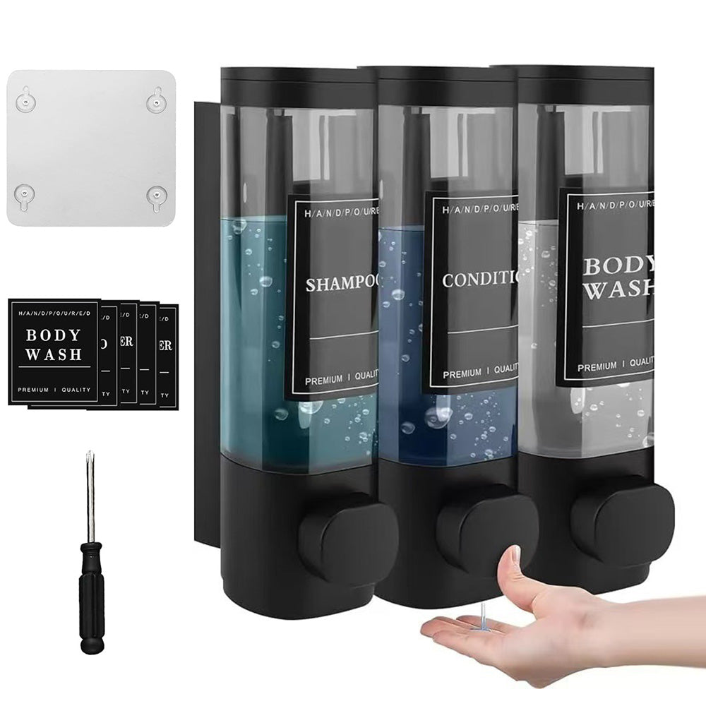 No-Drill Wall-Mounted Triple Soap Dispenser for Bathroom Shampoo Conditioner