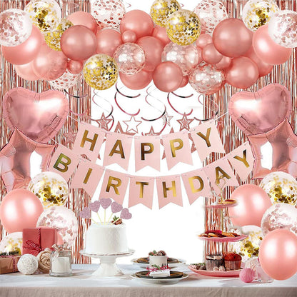 Rose Gold Happy Birthday Party Decorations Set Banner Foil Balloons Curtain Backdrop for Women Girls