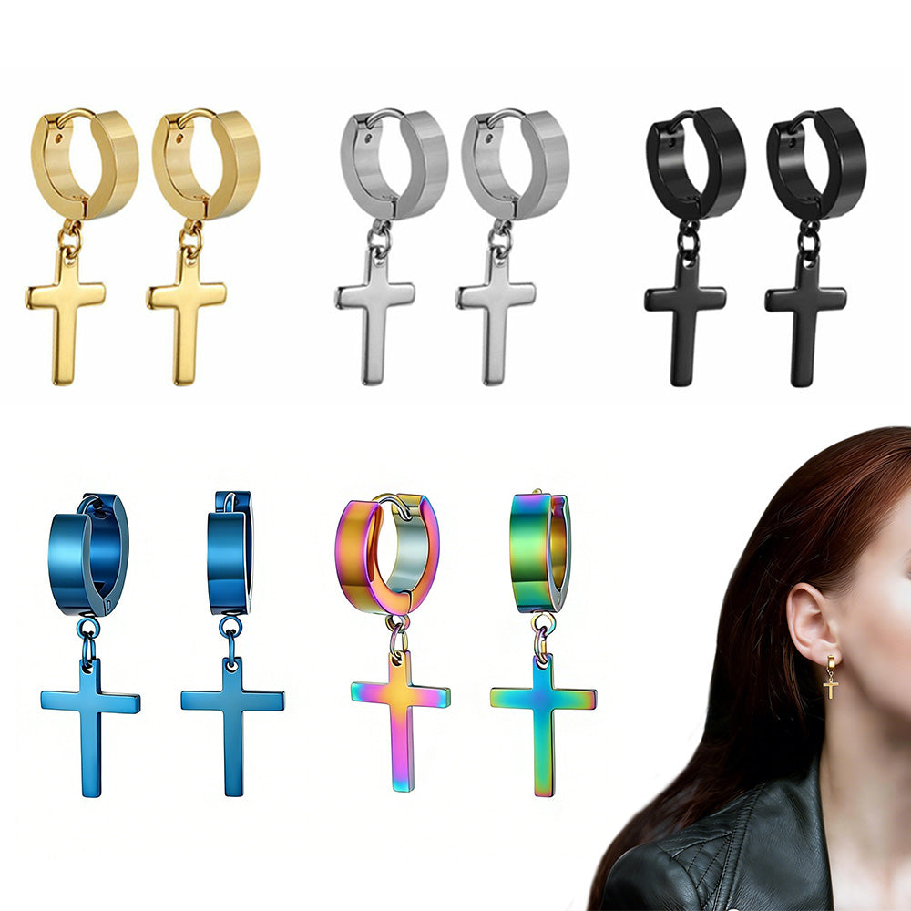 Unisex Cross Dangle Hoop Huggie Stainless Steel Ear Stud Earrings