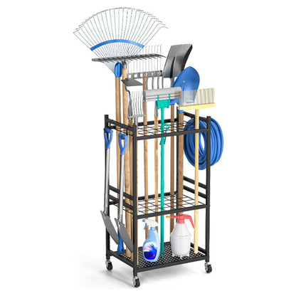 Garden Tool Organizer with Wheels Steel Rack Stand for Garage Storage Holds 35 Tools