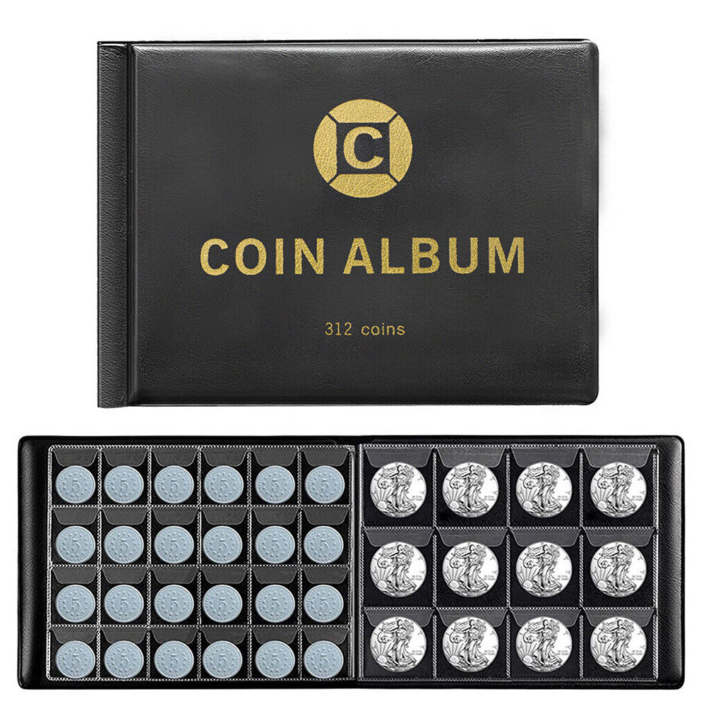 312 Slots Black Coin Album Storage Book for Collectors Coins Stamps Badges Cards