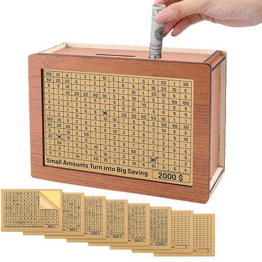 Wooden Money Saving Challenge Box Cash Savings Box with 8 Replaced Amounts Stickers