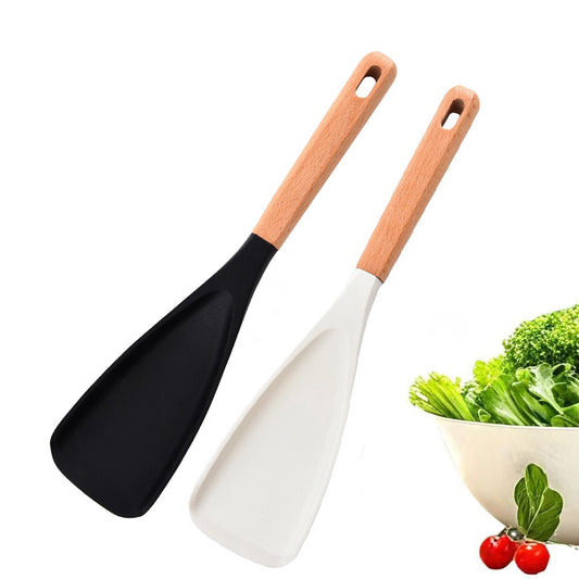 2Pcs Silicone Spoons for Cooking Wood Handle Spoon for Mixing Scoop and Scrape