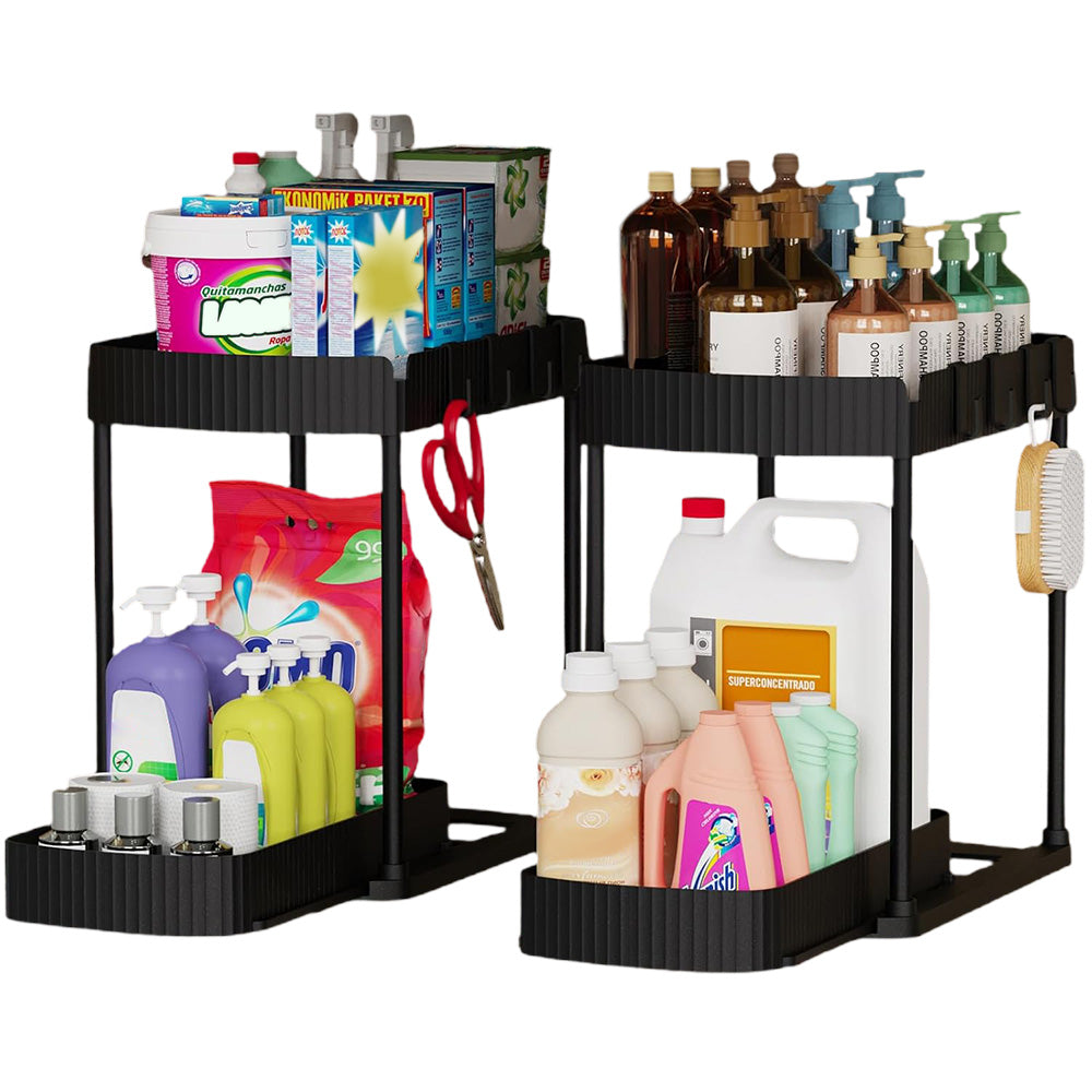 2Pcs Pull Out Storage Organizer Under Sink Shelf with 8 Hooks for Home Use