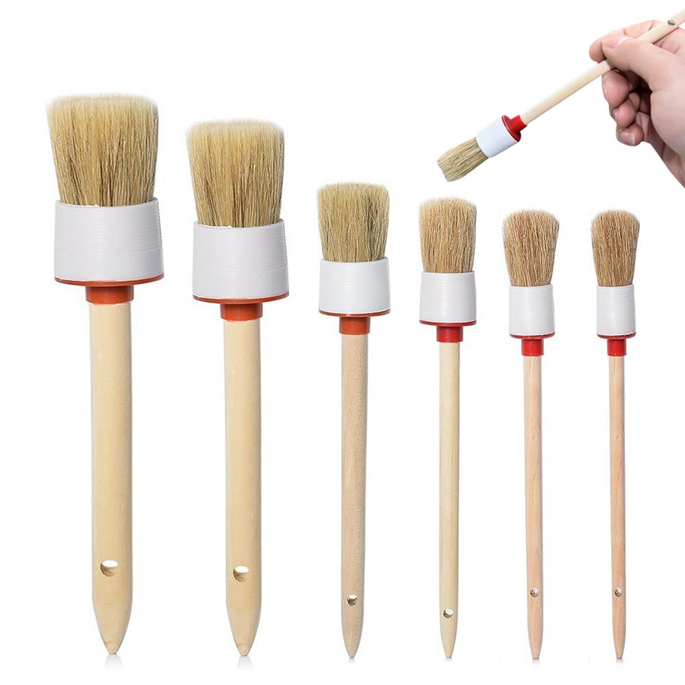Car Detailing Brush Set 6Pcs Boar Hair Brush Kit Wood Handle Wheels Leather Air Vents