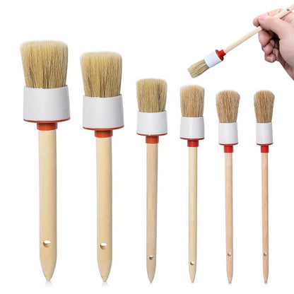 Car Detailing Brush Set 6Pcs Boar Hair Brush Kit Wood Handle Wheels Leather Air Vents