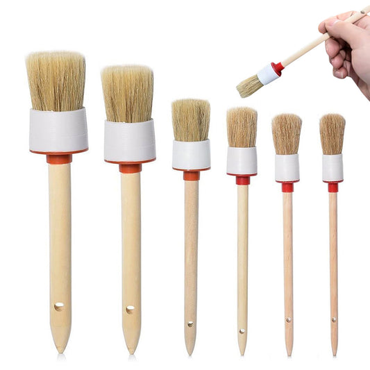 Car Detailing Brush Set 6Pcs Boar Hair Brush Kit Wood Handle Wheels Leather Air Vents