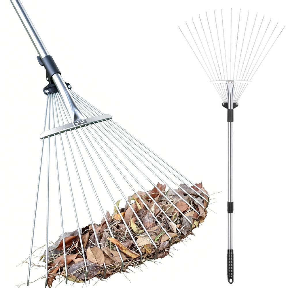 Adjustable Long Handle Metal Leaf Rake for Lawn Garden Yard Soil Loosening