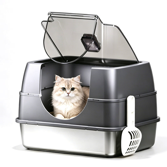 Fully Enclosed Flip Top Stainless Steel Cat Litter Box Large Space and Odor Control
