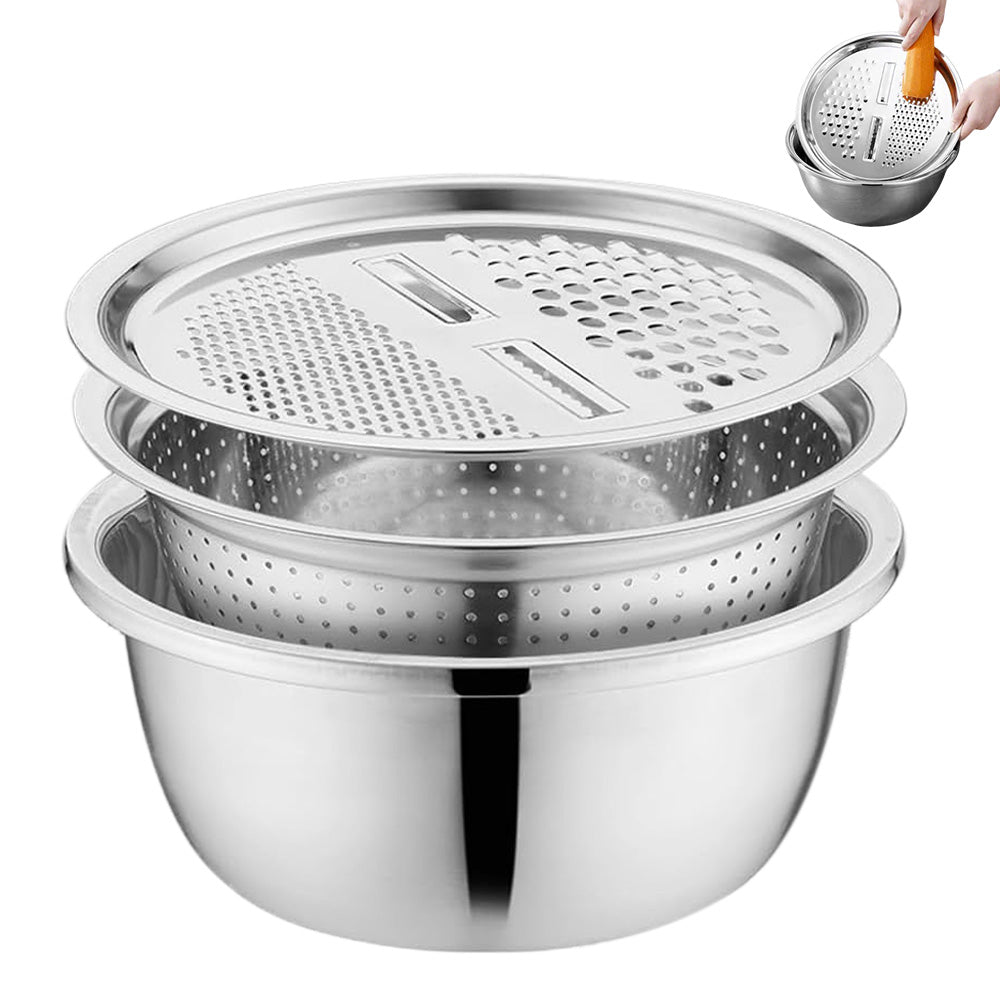 3Pcs Stainless Steel Vegetable Cutter Bowl Set with Grater and Strainer