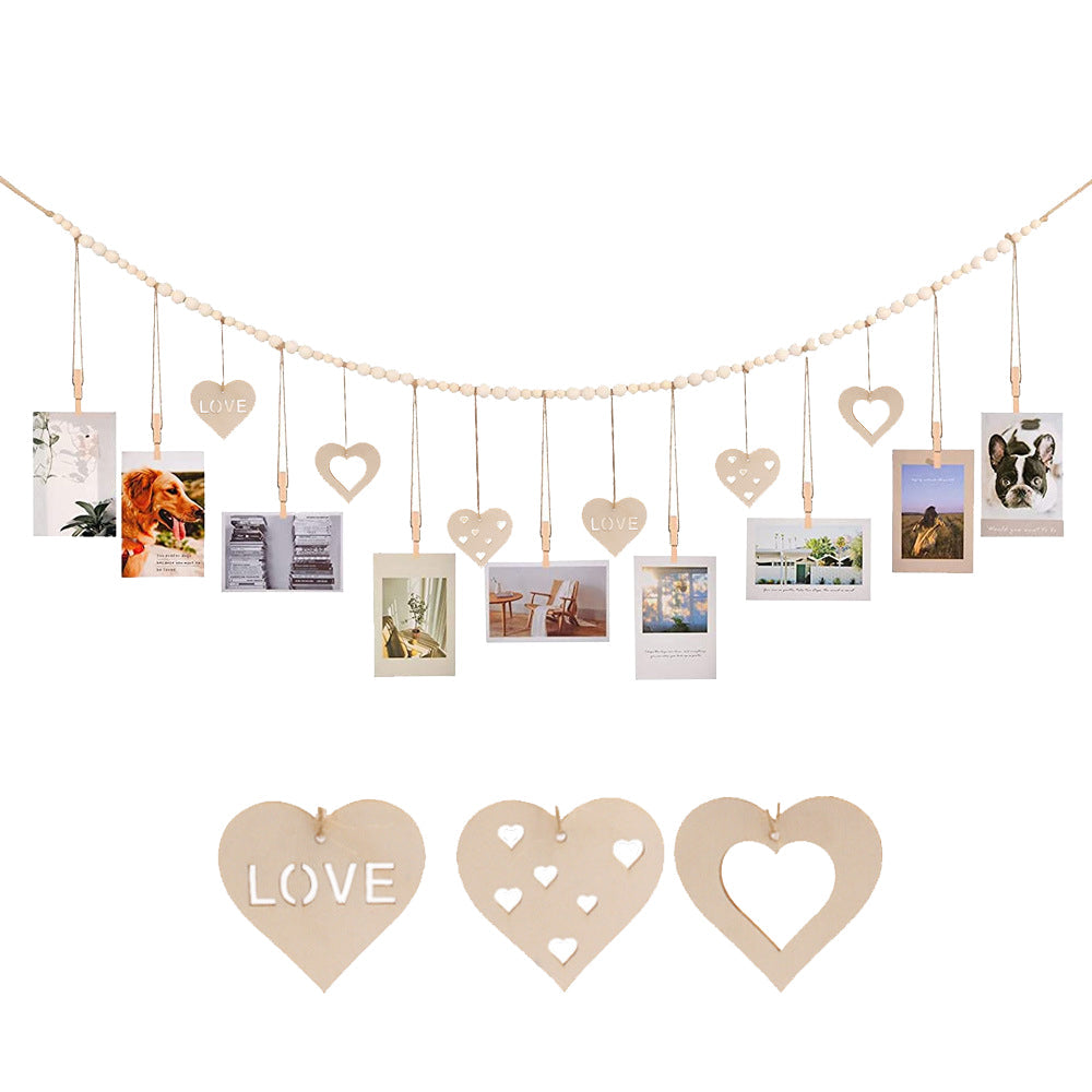 Boho Hanging Photo Display Wooden Beads String with Clips Picture Frames Photo Hanger for Office Wall Art Decor Style 1