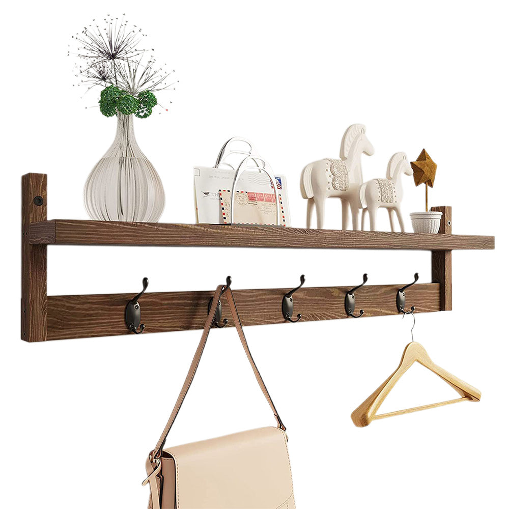 Wooden Coat Rack Wall Mount with Shelf 5 Hooks for Hanging Clothes