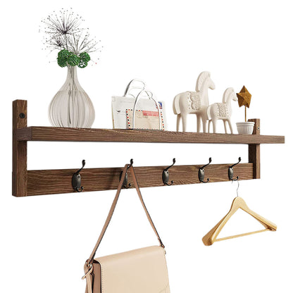Wooden Coat Rack Wall Mount with Shelf 5 Hooks for Hanging Clothes