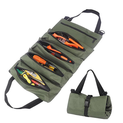 Roll Up Tool Bag Oxford Canvas Tool Organizer with 5 Zippered Pockets