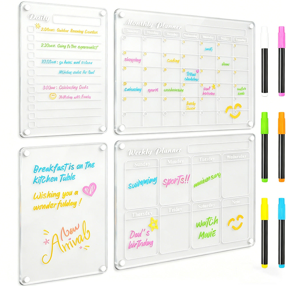 4Pcs Magnetic Dry Erase Calendar for Fridge Acrylic Transparent Board Monthly Weekly Daily Planner