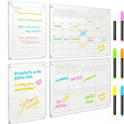4Pcs Magnetic Dry Erase Calendar for Fridge Acrylic Transparent Board Monthly Weekly Daily Planner