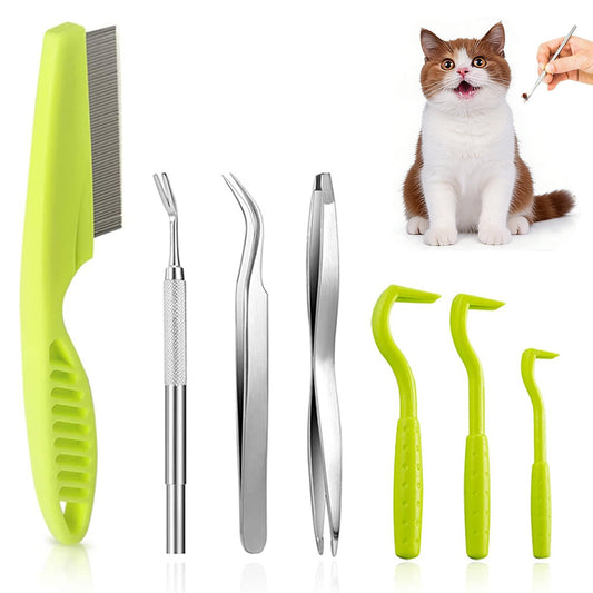 Pet Tick Removal Tool Set with Flea Comb and Tweezers for Dogs and Cats