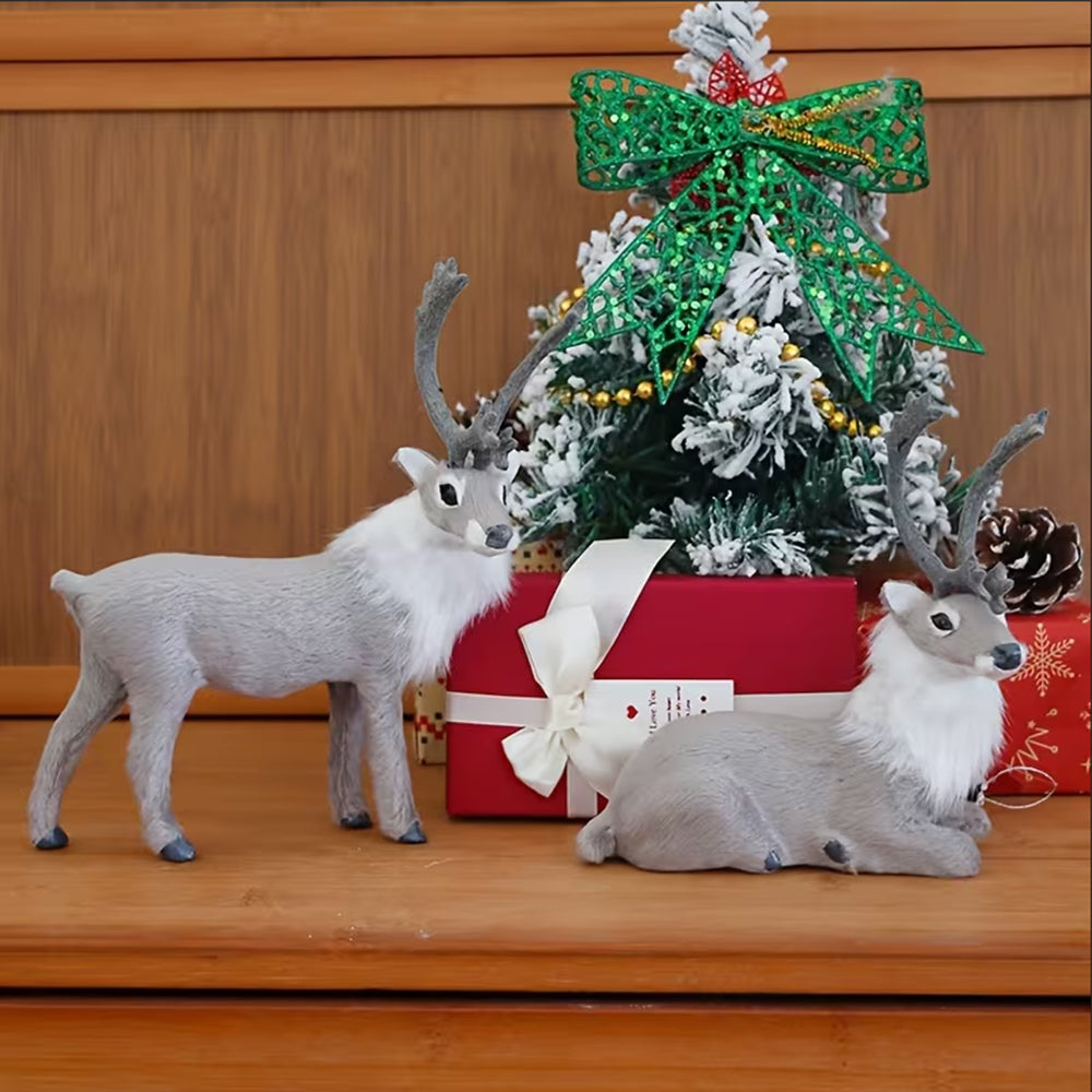 2Pcs Simulated Fur Reindeer Christmas Figurine Standing Reclining Decor