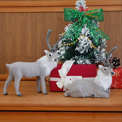 2Pcs Simulated Fur Reindeer Christmas Figurine Standing Reclining Decor