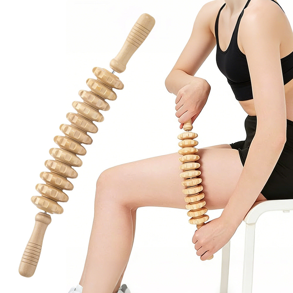 Wooden Curved 12 Roller Massage Stick Handheld Massage Tool For Legs And Thighs