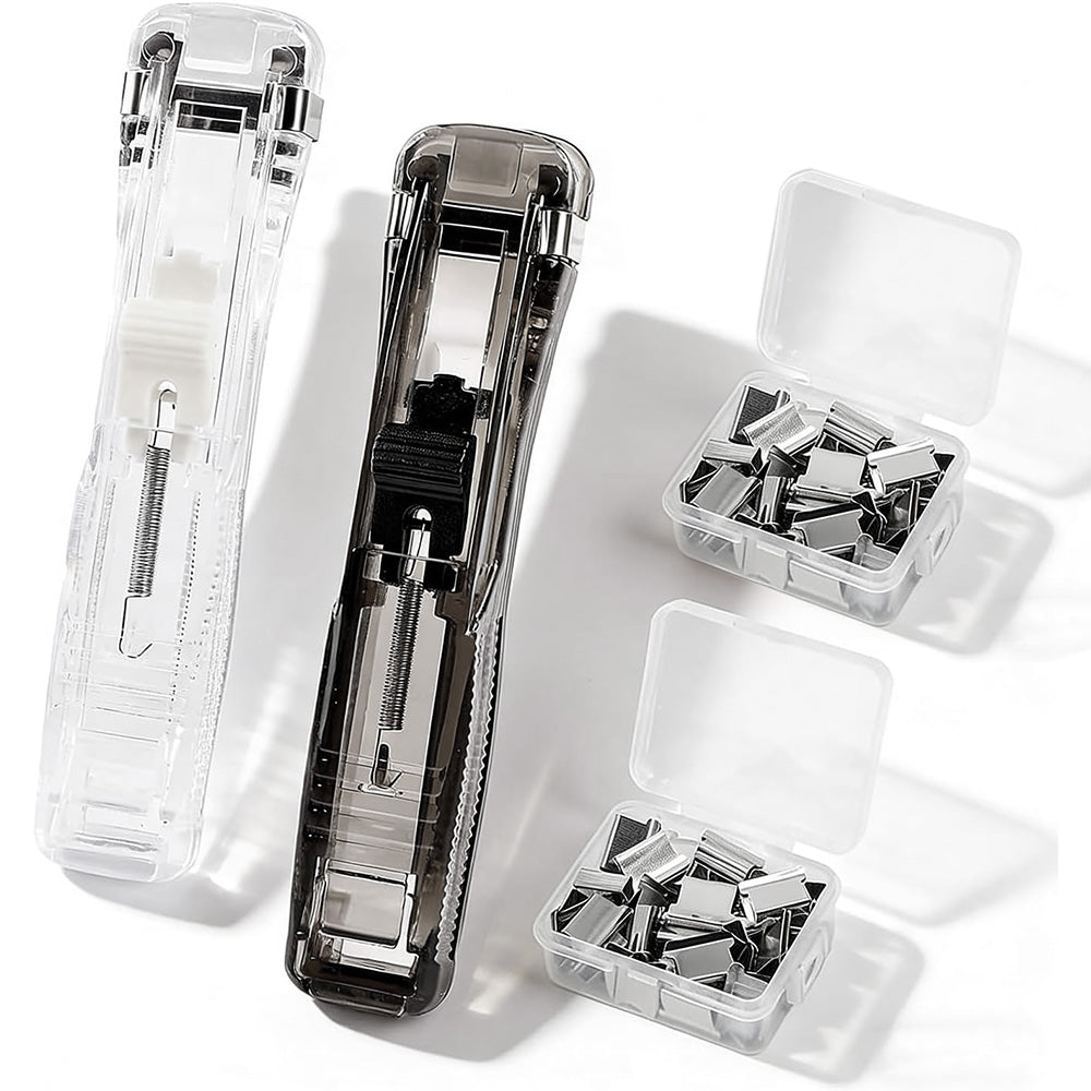 2Pcs Portable Clip Stapler with 100 Reusable Clips Push Style Paper Clamp for Office School Home
