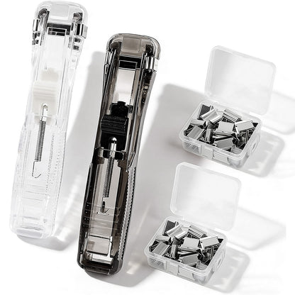 2Pcs Portable Clip Stapler with 100 Reusable Clips Push Style Paper Clamp for Office School Home