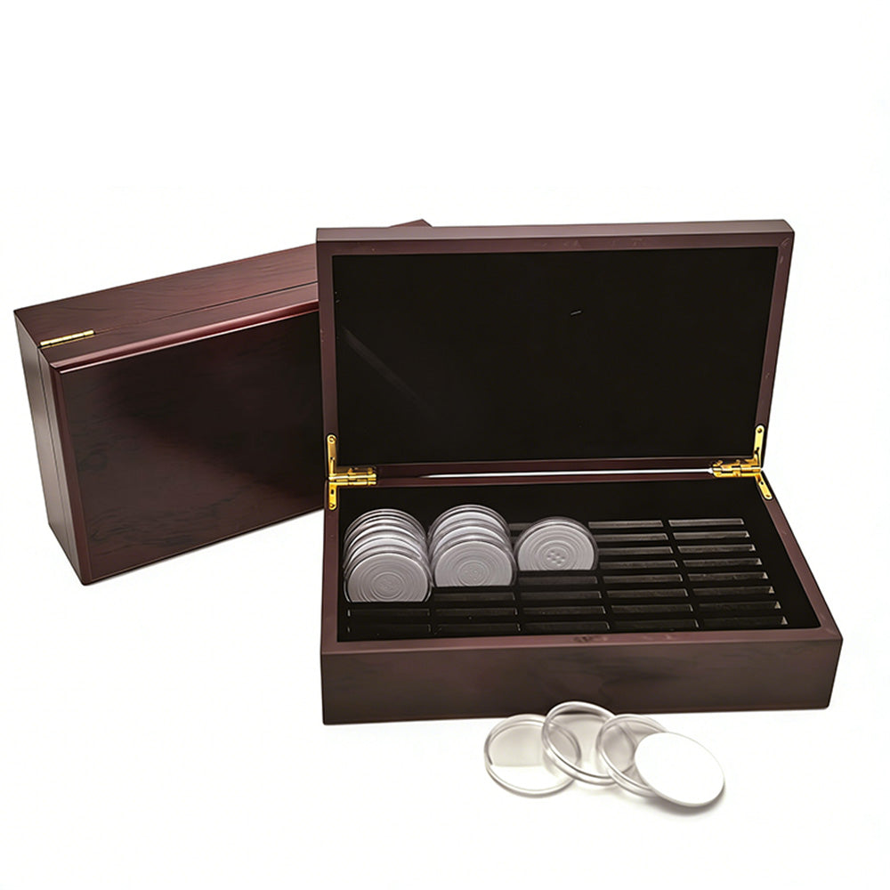 50PCS Coin Capsules Storage Box with Wooden Case Holder Collection Display Organizer