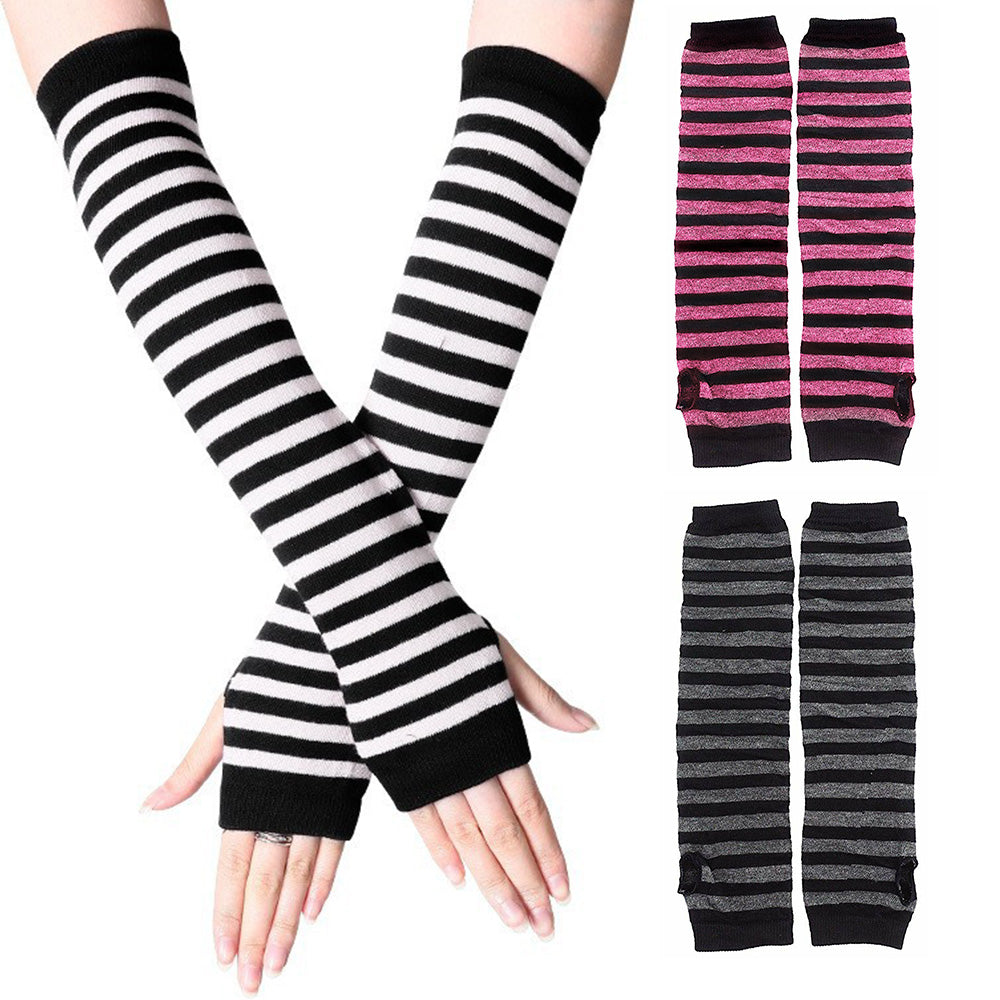 3 Pairs Women Fingerless Arm Warmers Striped Knit Winter Gloves