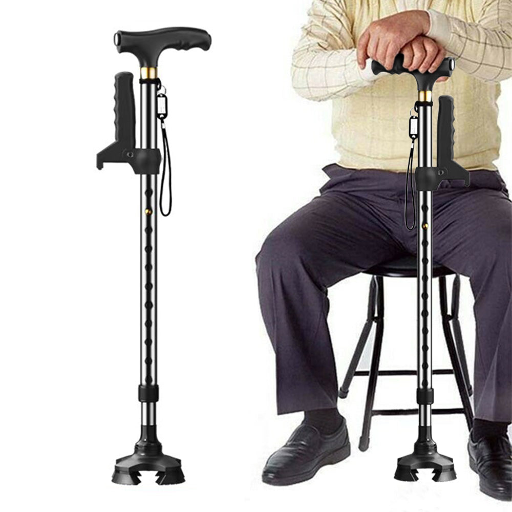 Folding Support Cane Adjustable Height LED Light Quad Base For Daily Use