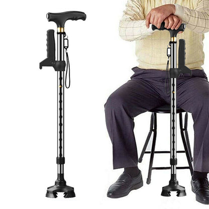 Folding Support Cane Adjustable Height LED Light Quad Base For Daily Use