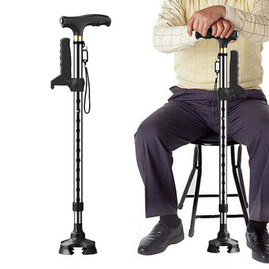 Folding Support Cane Adjustable Height LED Light Quad Base For Daily Use